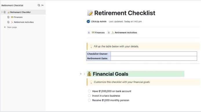 The ClickUp Retirement Checklist Template to prepare for your retirement