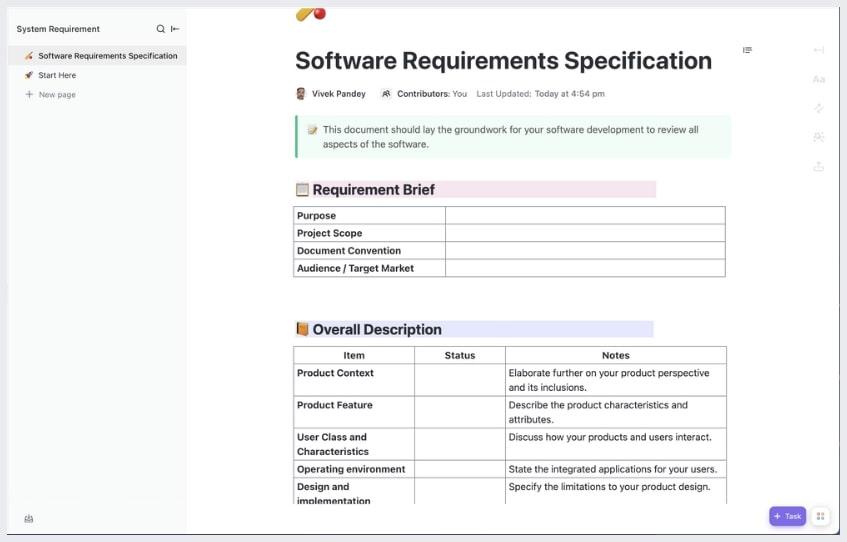 Szablon wymagań systemowych ClickUp