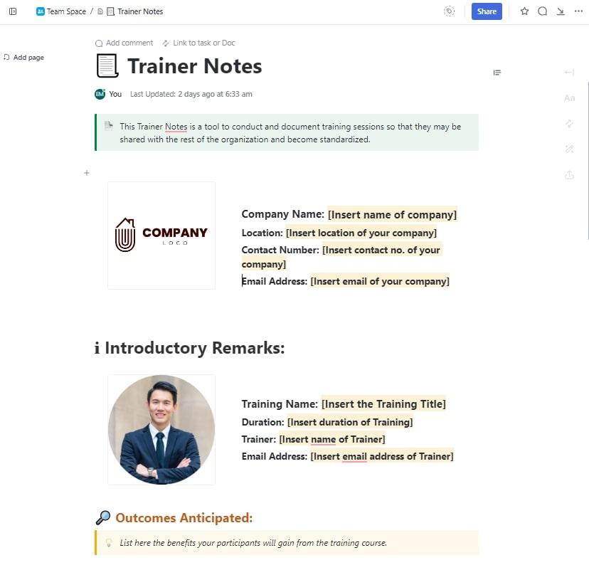 ClickUp Trainer Notes Template
