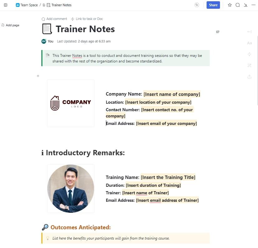Templat Catatan Pelatih ClickUp dirancang untuk membantu Anda melacak semua informasi terkait pelatihan.  