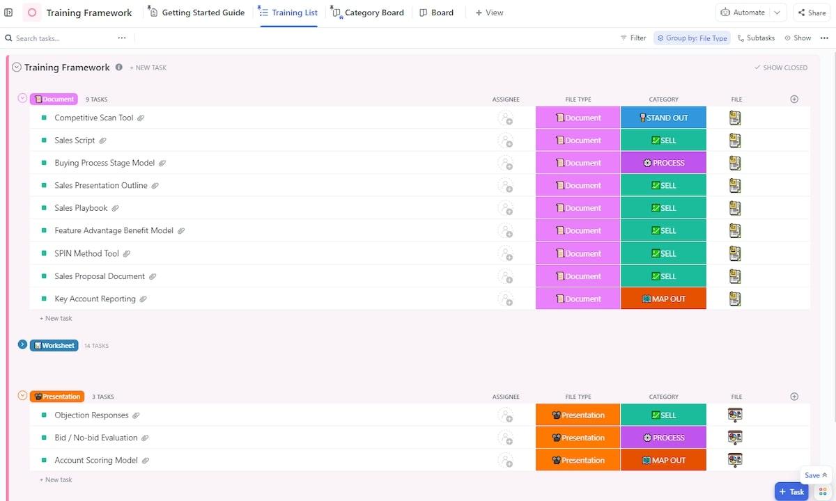 Employee engagement: ClickUp's Training List view