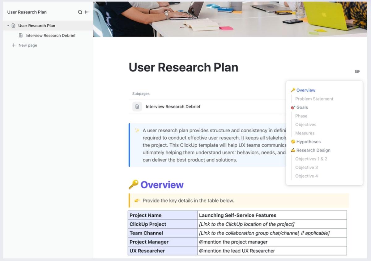 Modello di piano di ricerca sugli utenti di ClickUp