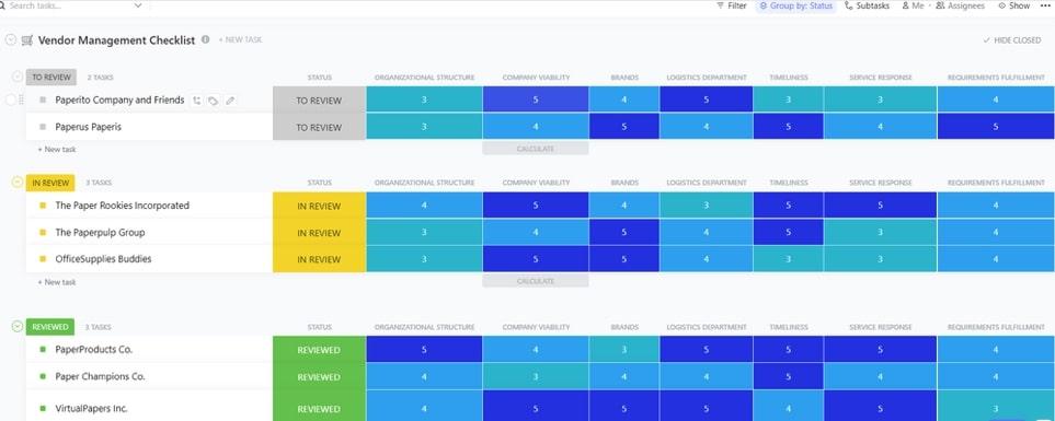 Modèle de gestion des fournisseurs par ClickUp