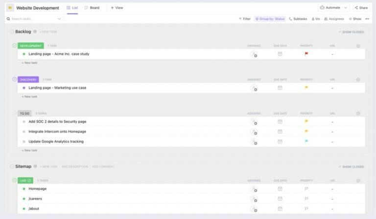 ClickUp Website Development Template