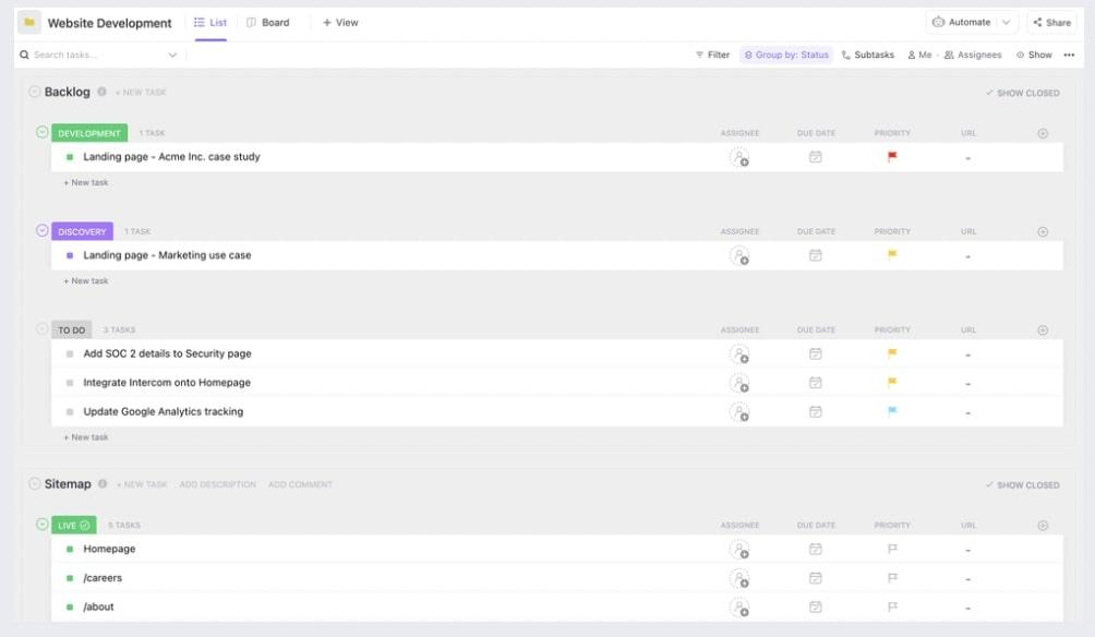 ClickUp's Website Development Template is designed to help you keep track of all the tasks required for a website development project.