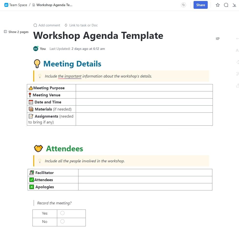 ClickUp Workshop Agenda Template