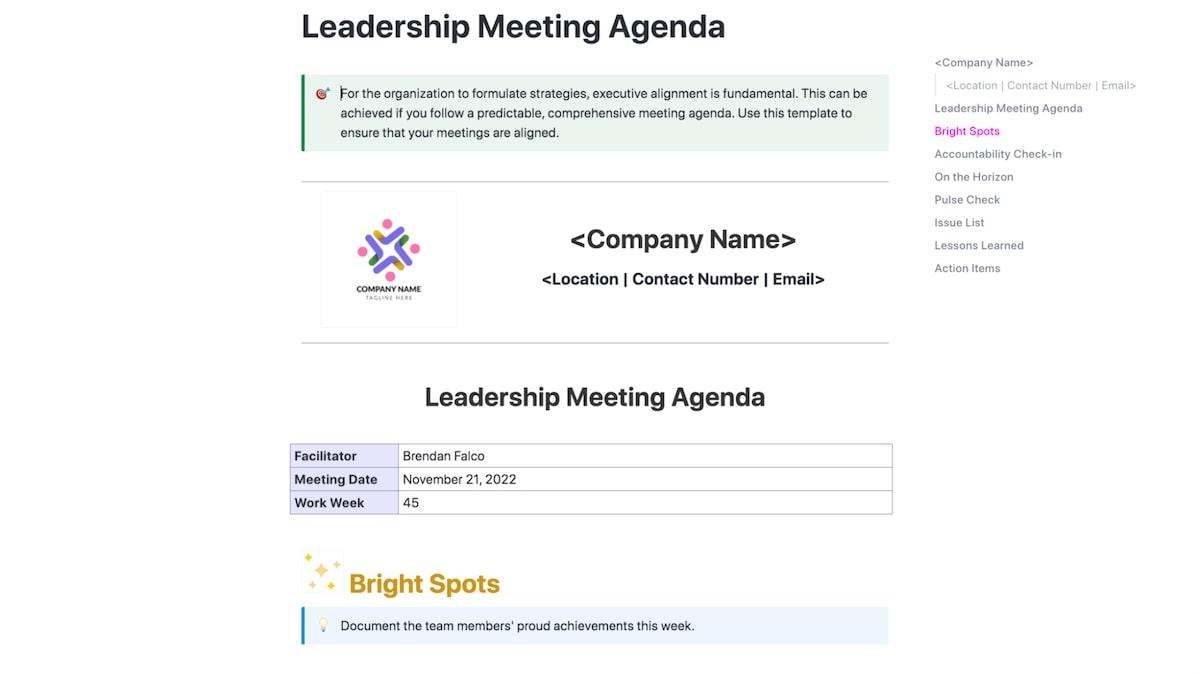 ClickUp meeting agenda template