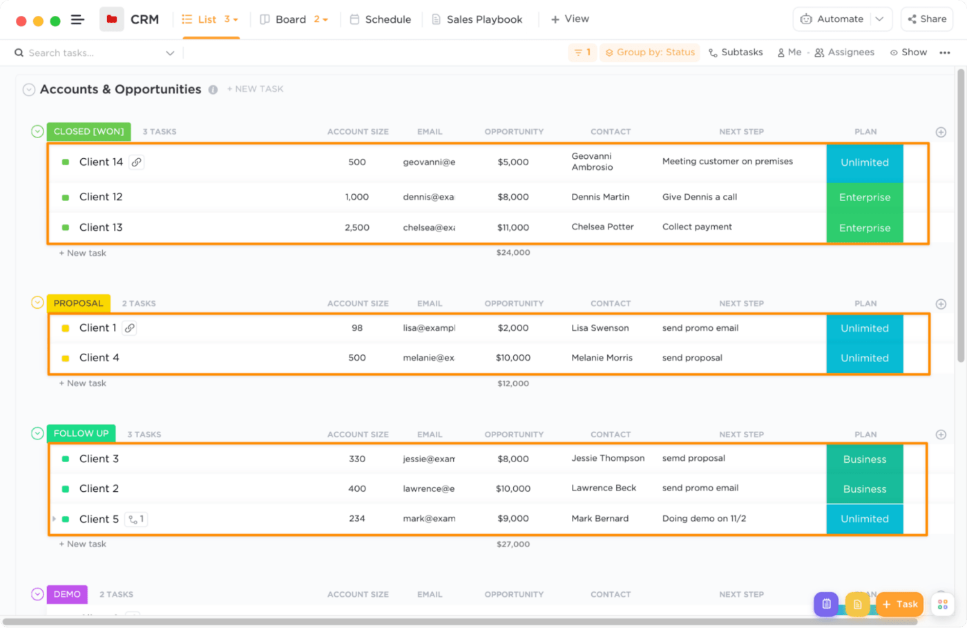 Exemplo de contas e oportunidades do ClickUp CRM