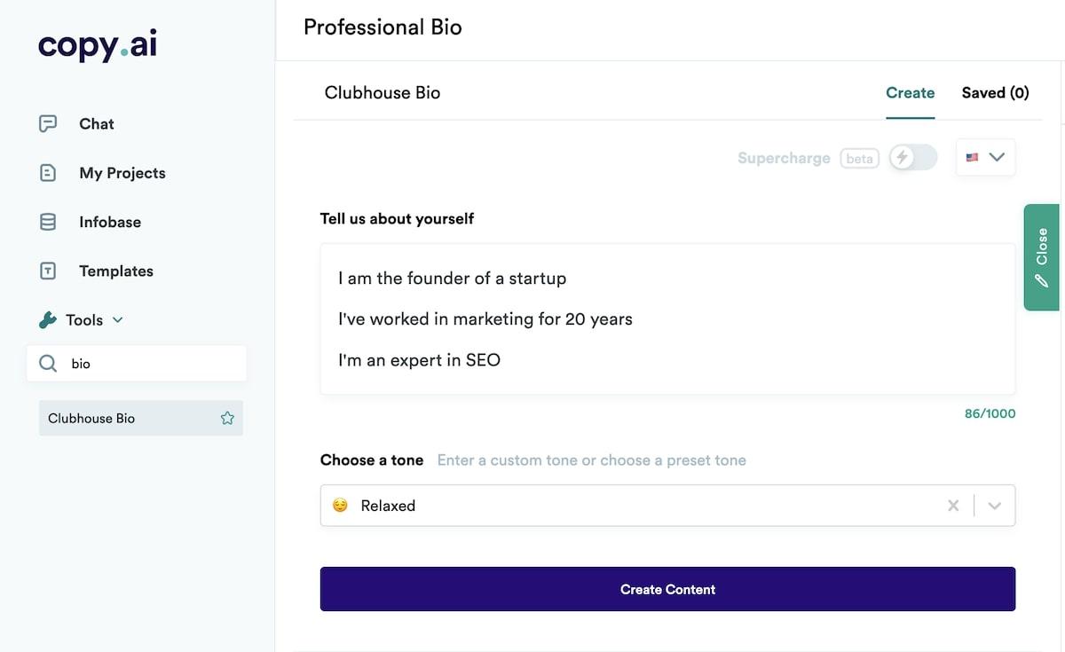 Generatore di bio: Copy.ai Bio professionale