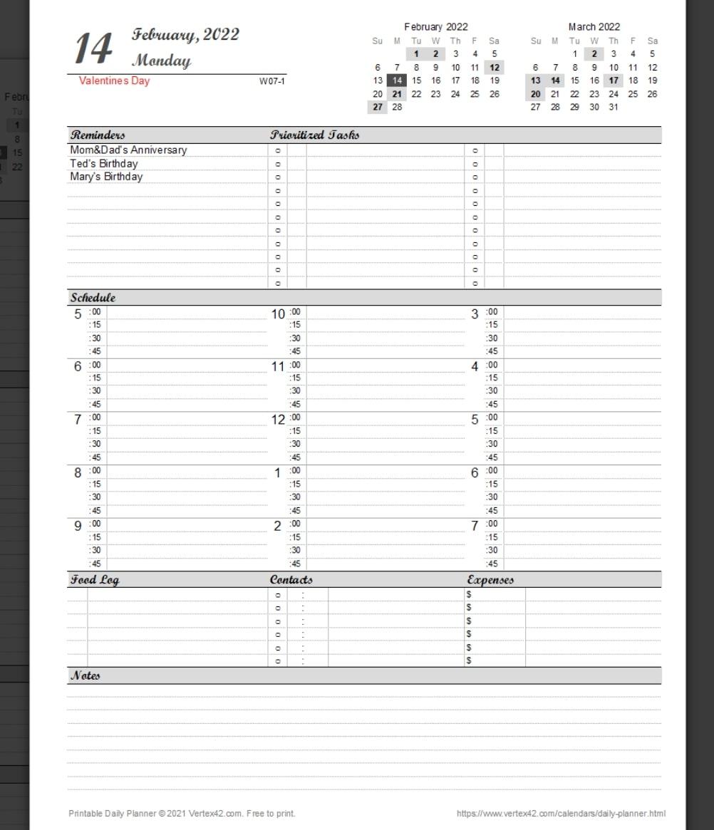 Modello di agenda giornaliera di Excel di Vertex42