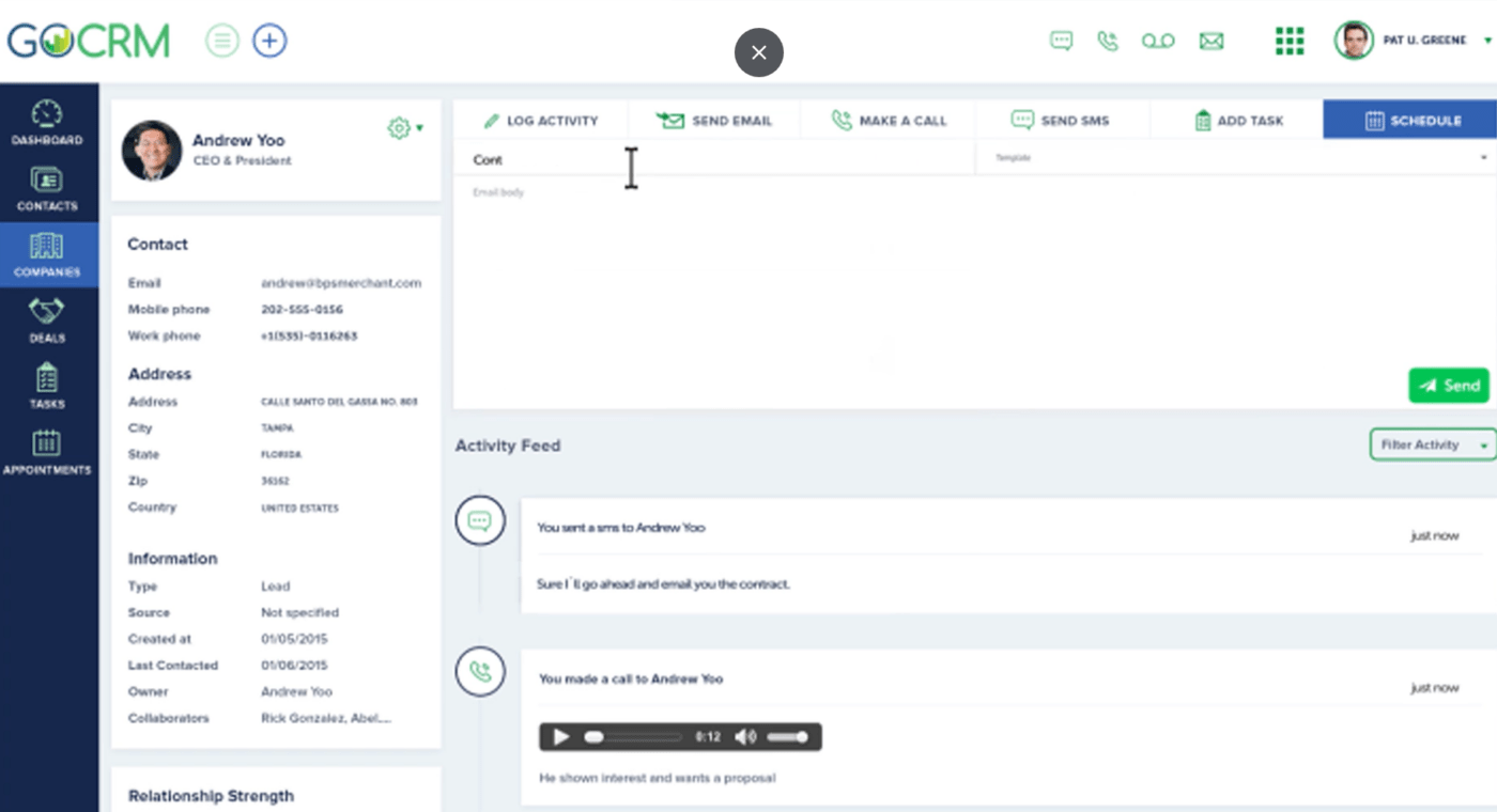 Companies view of the GoCRM dashboard