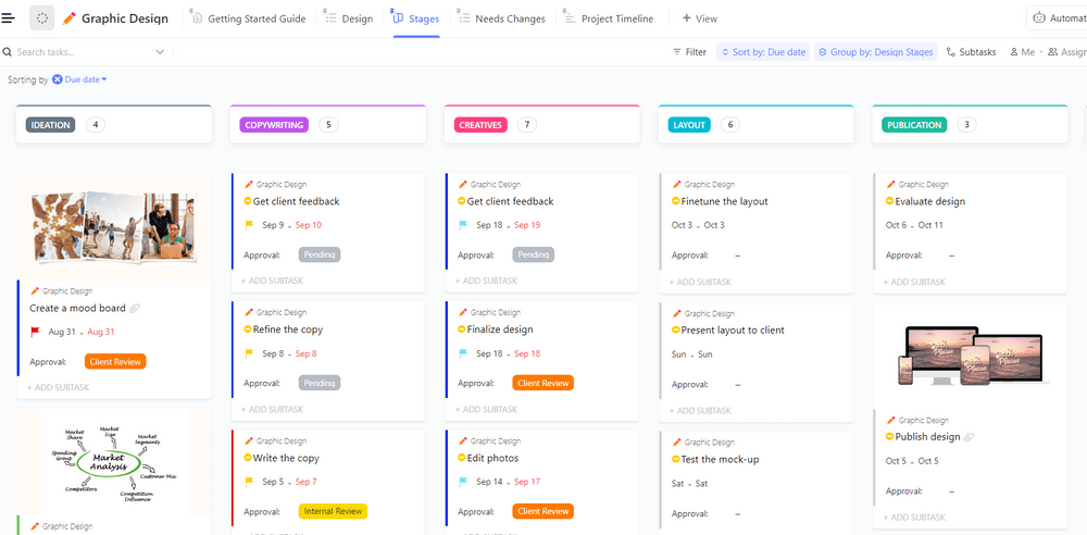 Utilice la plantilla de diseño gráfico de ClickUp para acceder, crear y gestionar sus diseños al instante.  