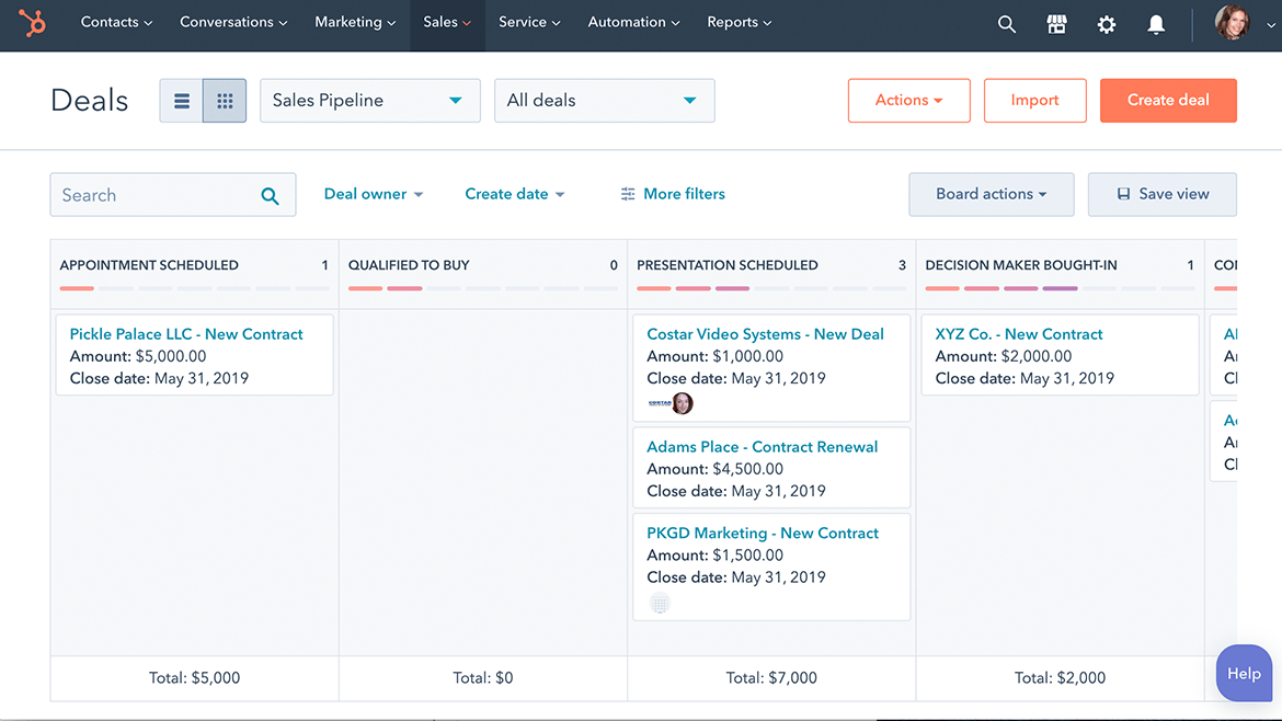 HubSpot의 영업팀 파이프라인 페이지