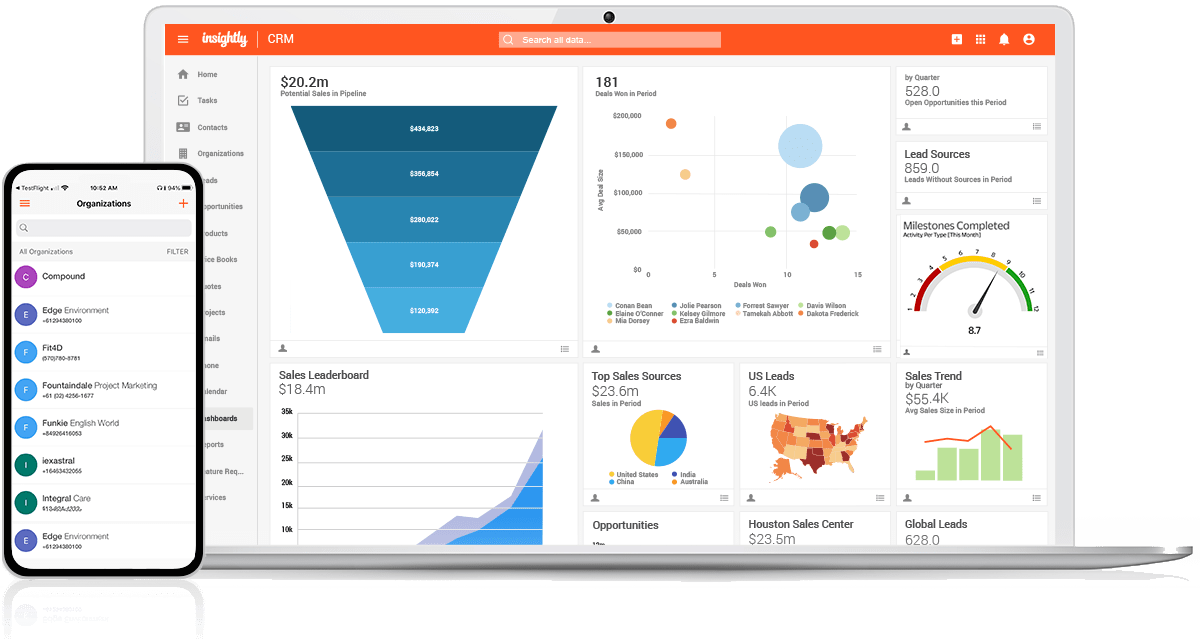 Sales tracking software: Insightly's mobile and desktop views