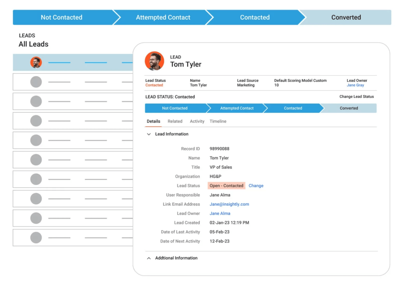 Página de estado de clientes potenciales de Insightly CRM