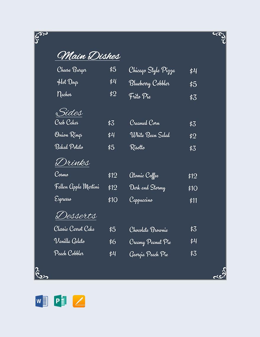 Word Restaurant Menu Price List