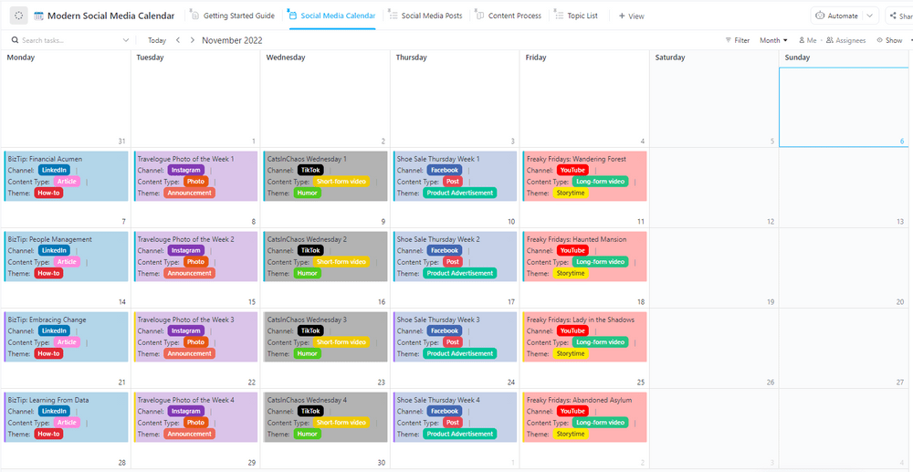 Gerencie seu calendário de mídia social e publique em todos os canais na visualização ClickUp Calendar e no modelo de calendário de mídia social