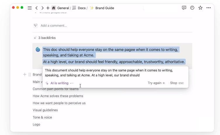 Notion vs Google Docs: screenshot of Notion's AI note-taking tool