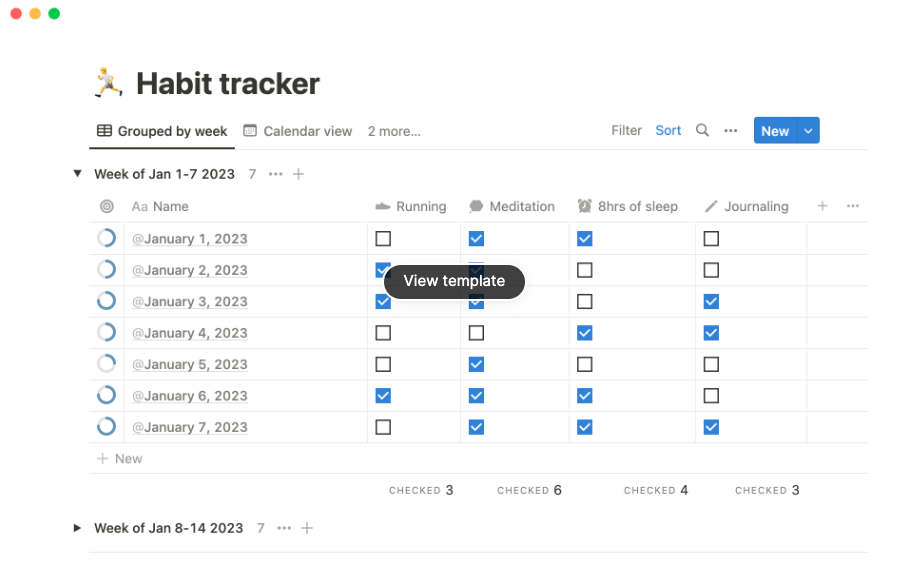 Life planning software: Notion's habit tracker template