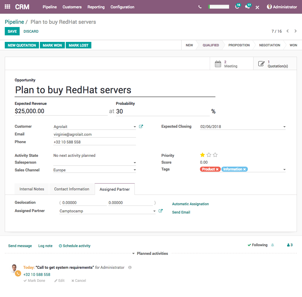 Odoo CRM-Plattform Beispiel