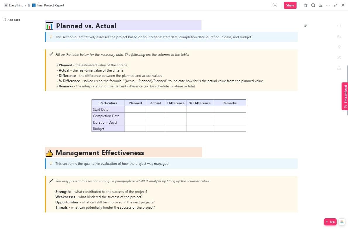 ClickUp Plantilla de informe final de proyecto