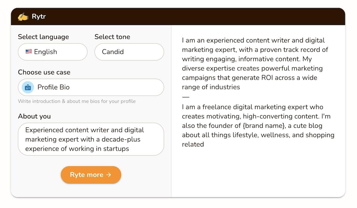 Bio generator: Rytr Profile Bio