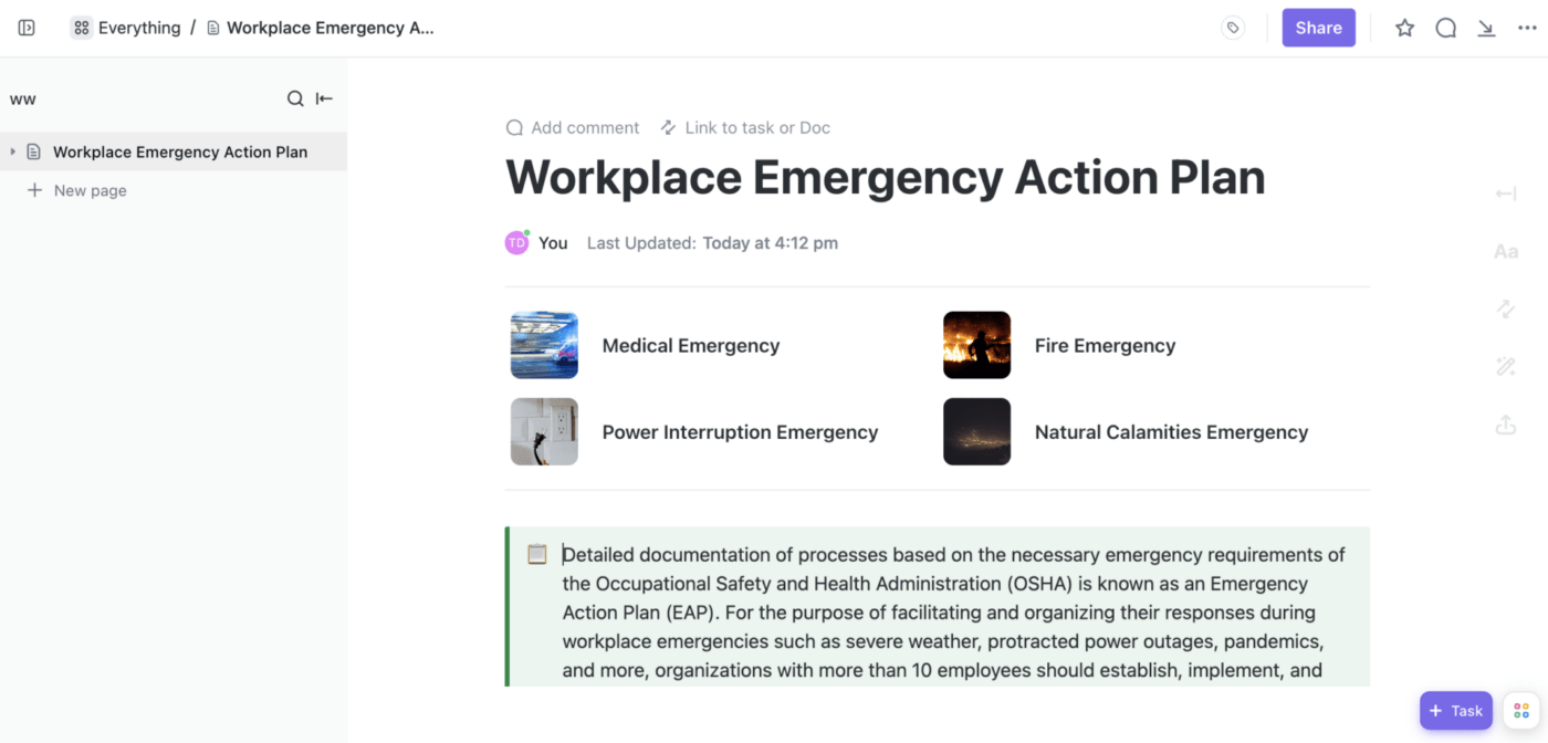 ClickUp Workplace Emergency Action Plan Template