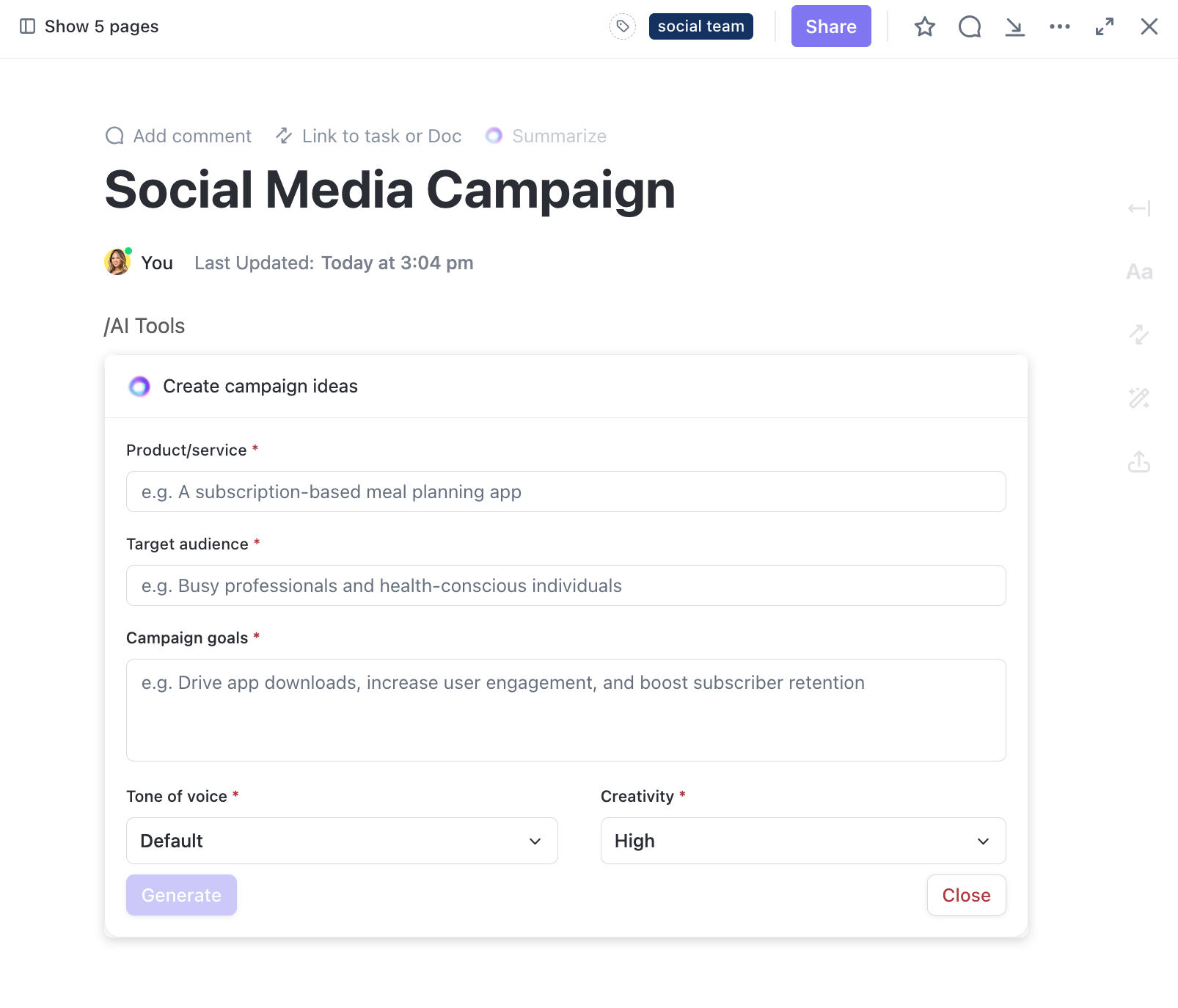 Gunakan ClickUp Brain untuk menghasilkan konten, keterangan, dan curah pendapat untuk postingan media sosial