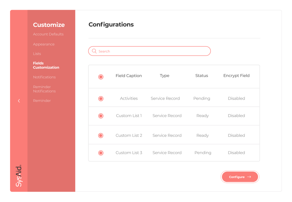 SysAid configuration UI example