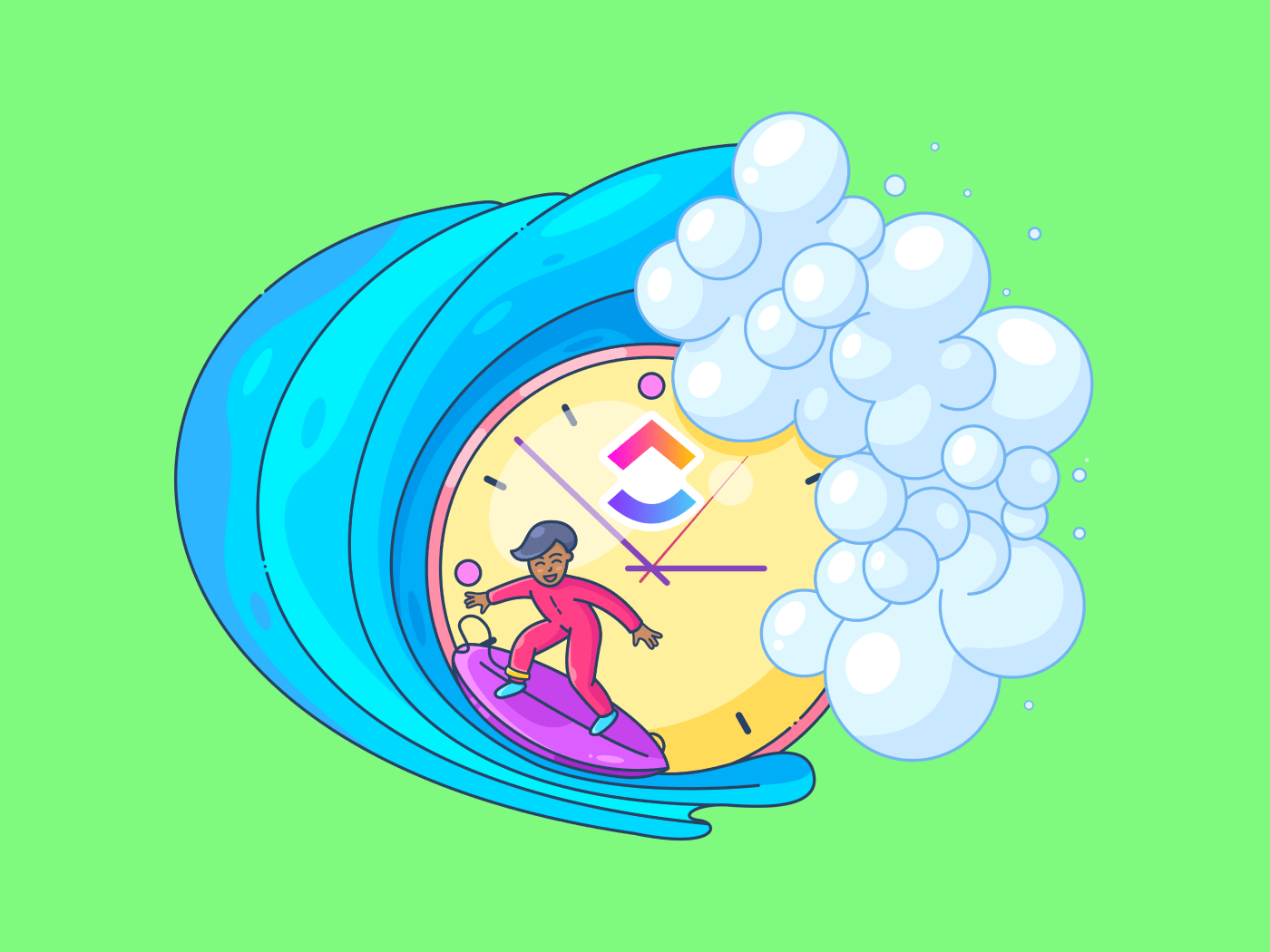representation of time management with a clock and ocean wave