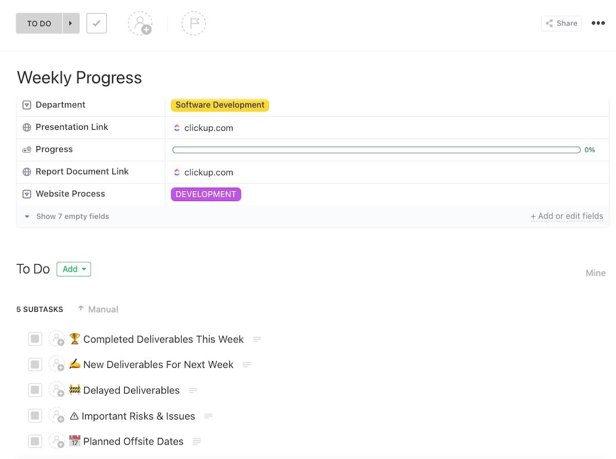 Productivity Templates: Weekly Progress Template by ClickUp