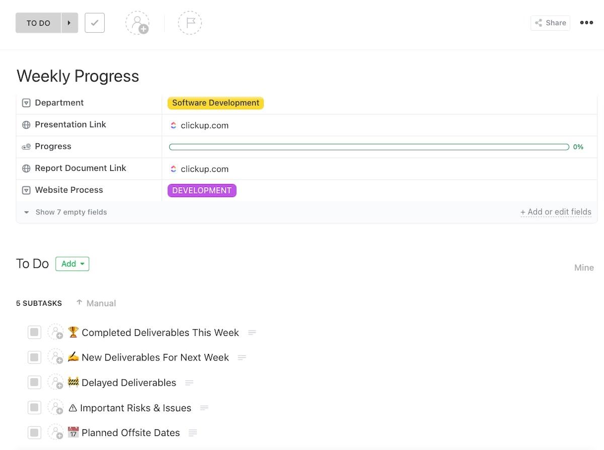 Plantilla de progreso semanal de ClickUp