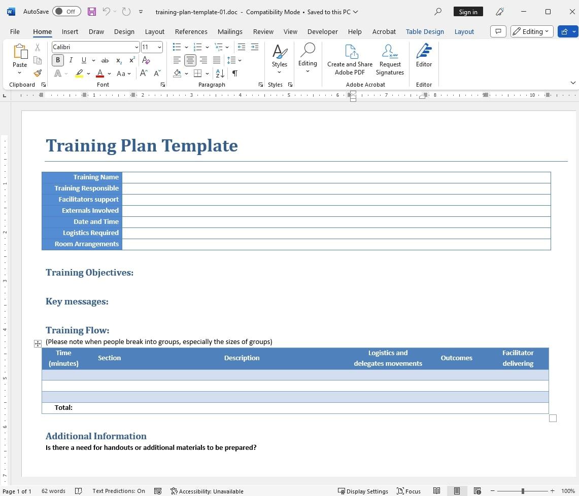 Modèle de plan d'entraînement : Modèle de plan de formation Word par TemplateLab