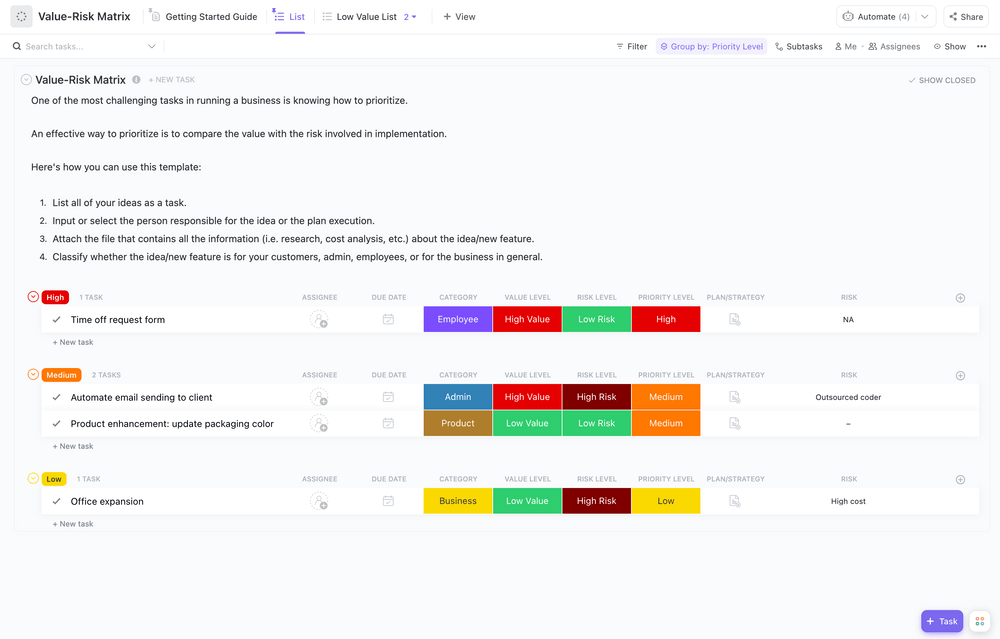 Avalie os riscos e crie classificações de risco com a visualização de lista do ClickUp