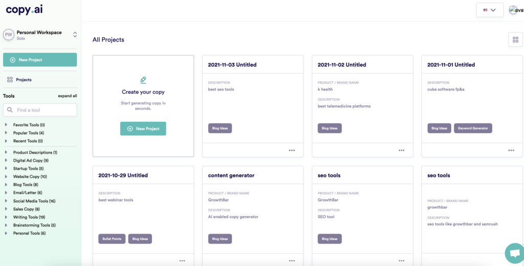 Herramientas de IA para la búsqueda de palabras clave: Panel Copy.ai