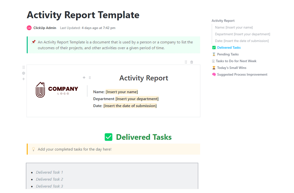 Plantilla de informe de actividad de ClickUp