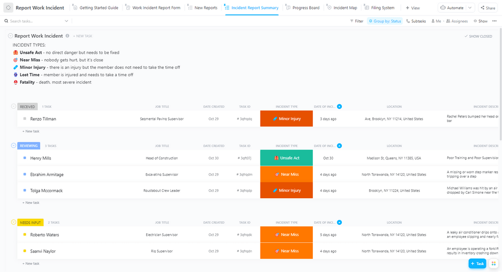 Modèle de rapport d'incident de travail ClickUp