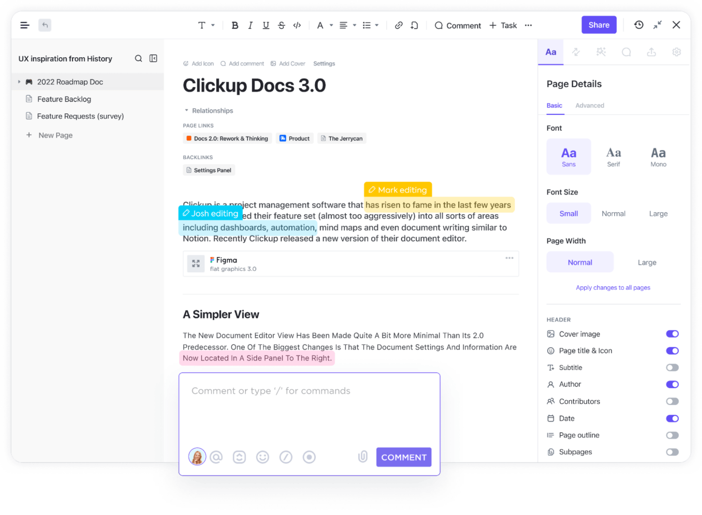 Colaboração e edição no ClickUp Docs