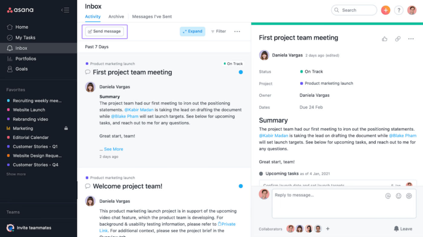 Collaboration tools for software development: sending a message in Asana