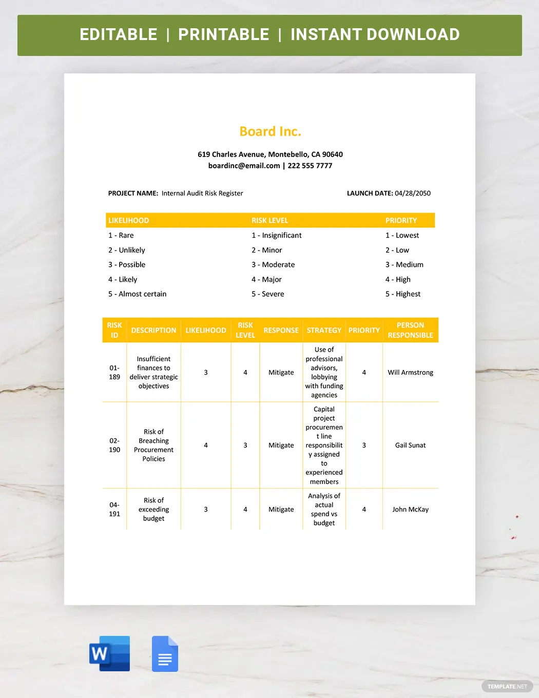 Microsoft Word Internal Audit Risk Register Template