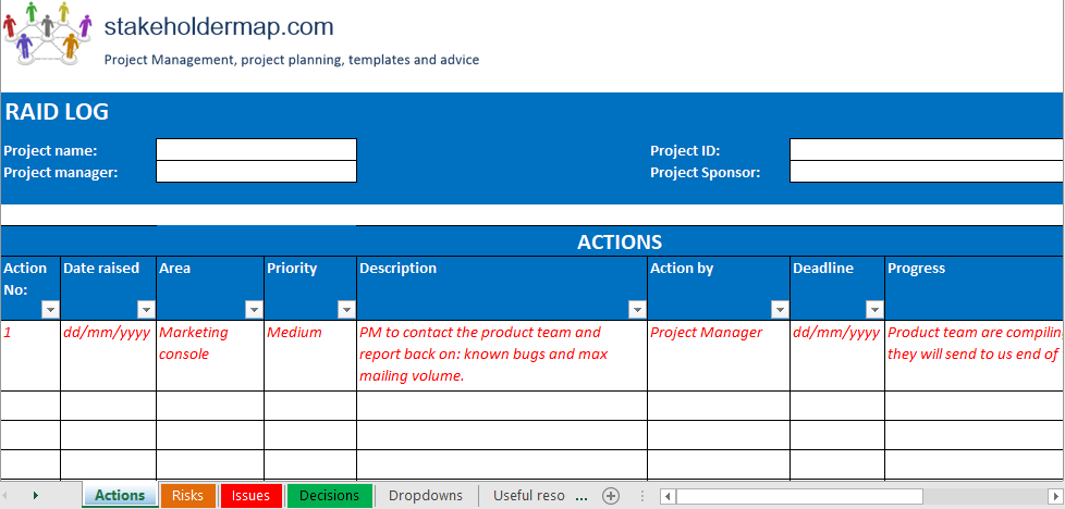 Szablon dziennika RAID w programie Microsoft Excel