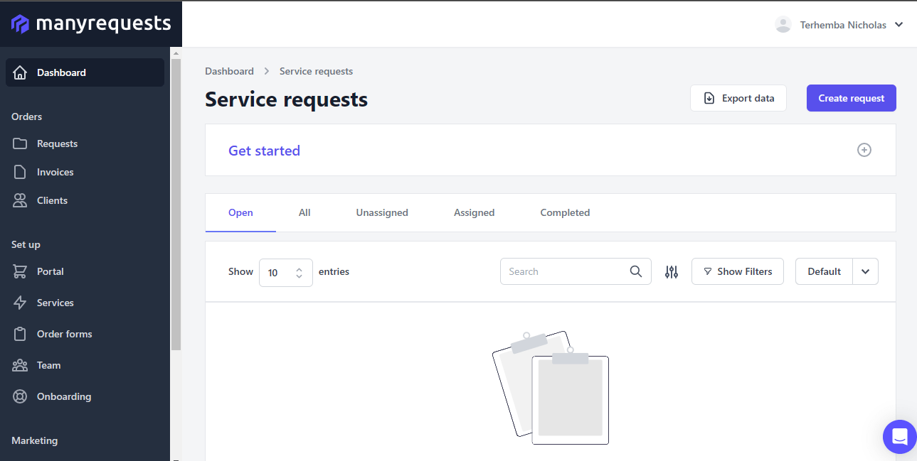 Página de solicitudes de servicio de ManyRequests