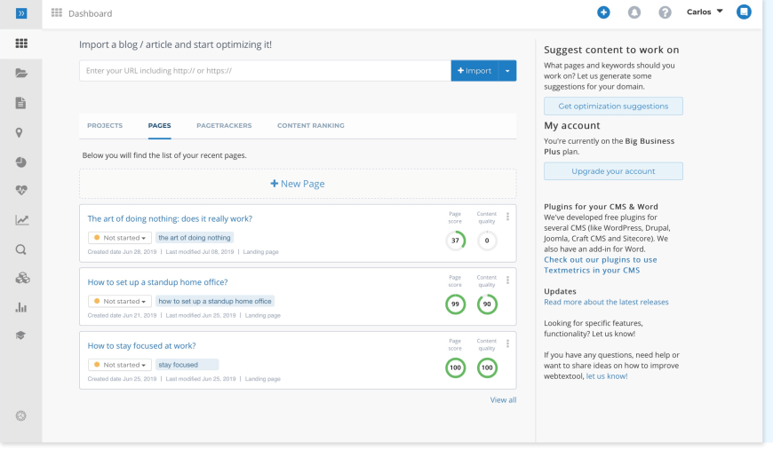 Tableau de bord Textmetrics