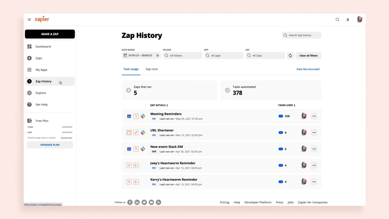 Zapier's Zap History page