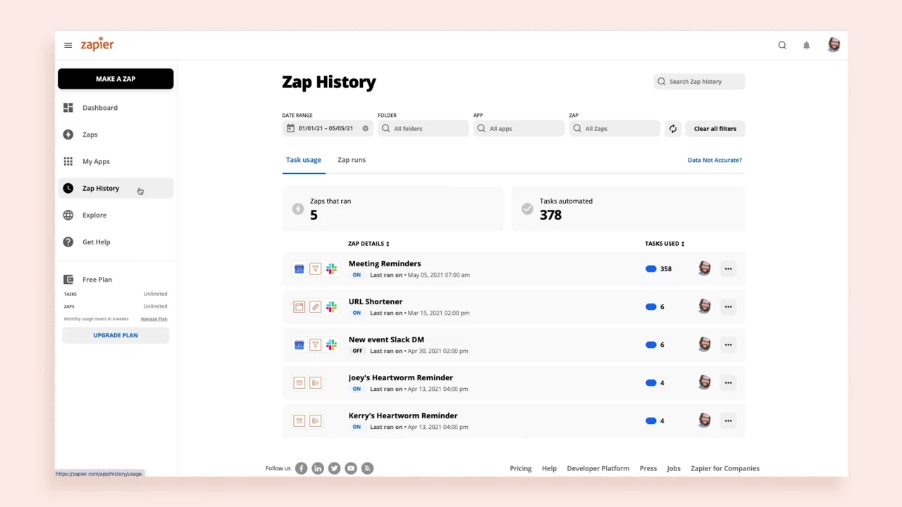 Software zur Automatisierung von Workflows: Zapier's history page