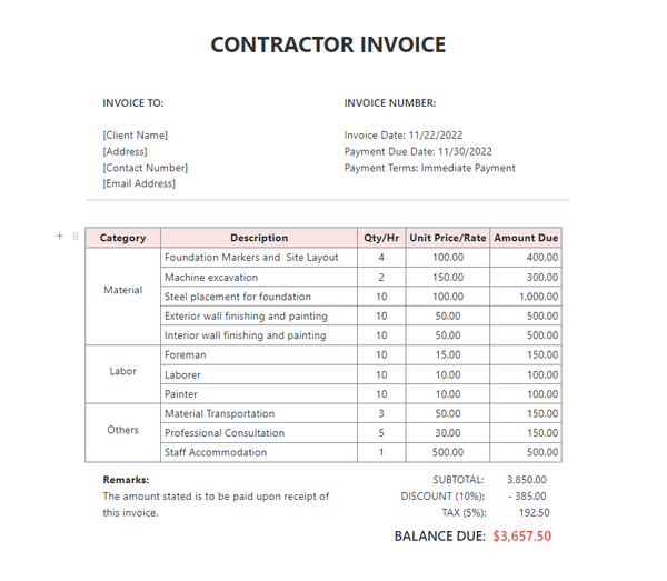 Easily track services, labor, and materials costs on your next job with the ClickUp Contractor Invoice Template