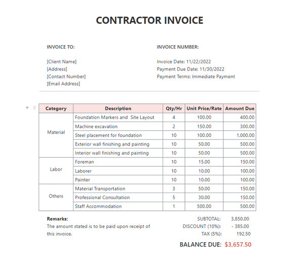 Suivez facilement les coûts des services, de la main-d'œuvre et des matériaux lors de votre prochain travail grâce au modèle de facture ClickUp Contractor