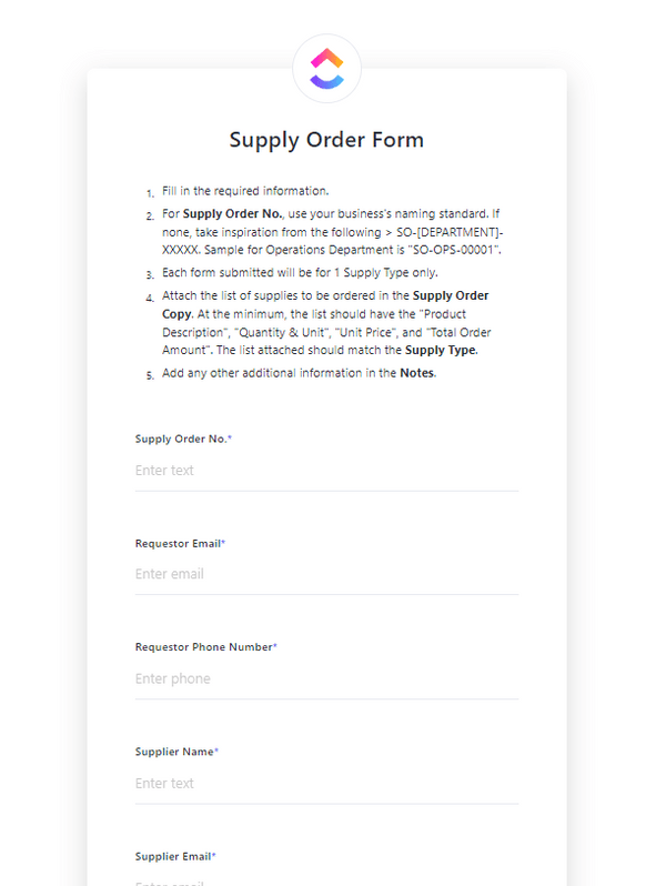 Never run out of vital resources again with the ClickUp Supply Order Form Template