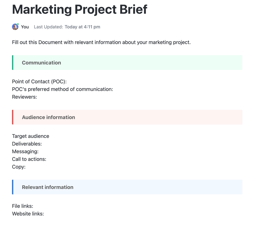 Szablon skróconego opisu projektu marketingowego ClickUp