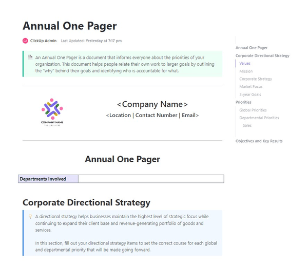 Give your business a strategic direction and set business priorities for the year using the ClickUp Annual One Pager Template